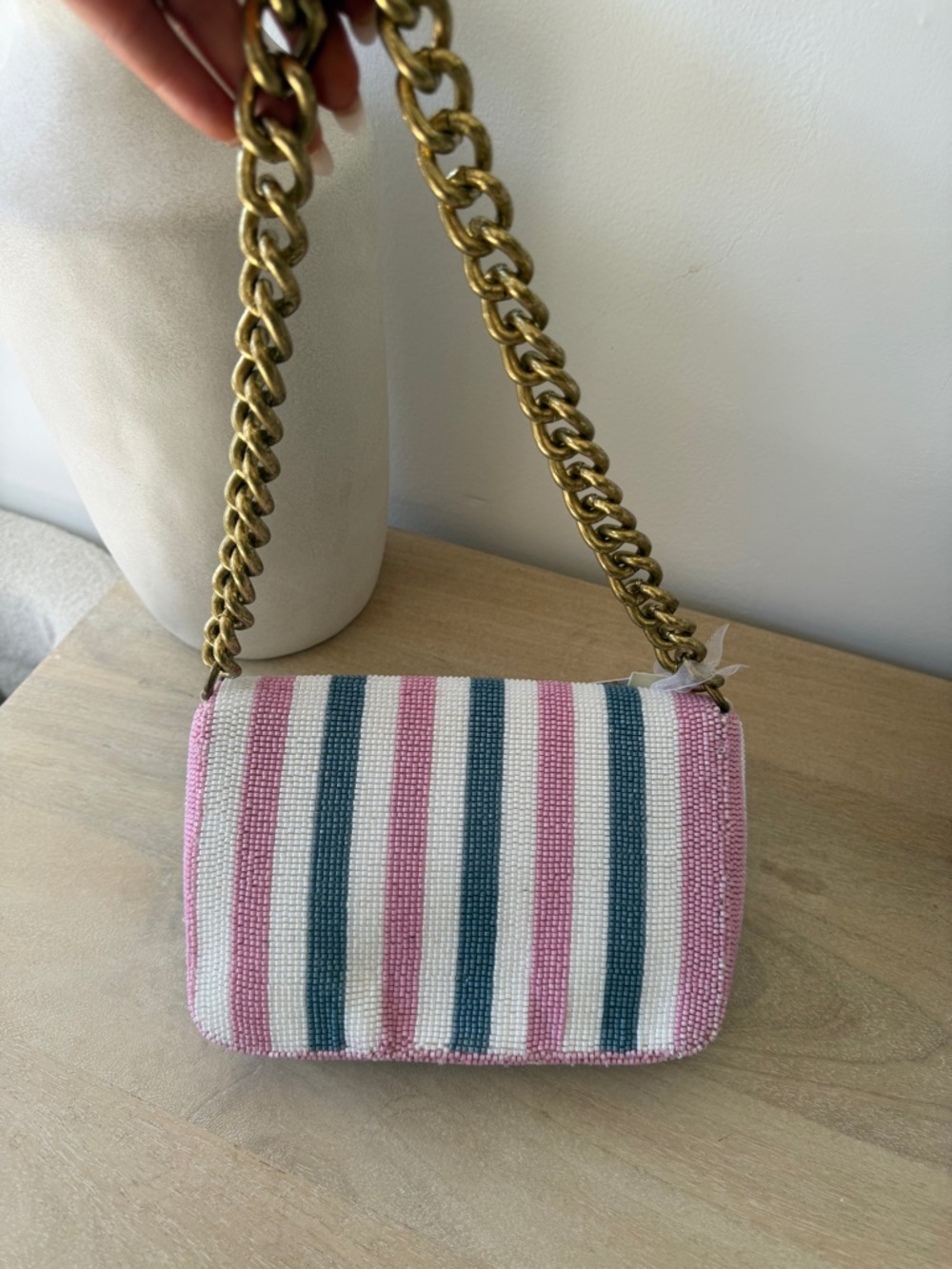 Viral Famous Beaded Stripe Shoulder Bag in Pink, White & Dark Green - Picture 8 of 15